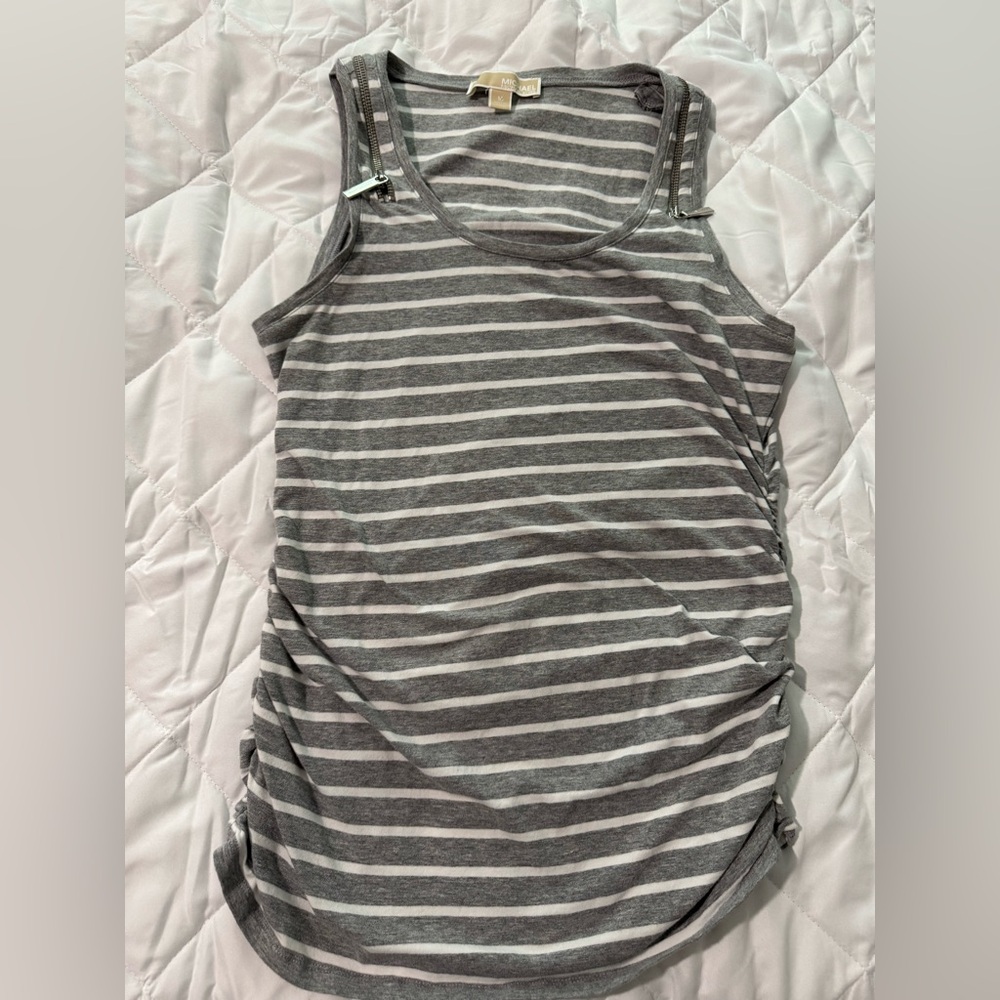 Michael Kors Fitted Gray and White Ruched Tank Top